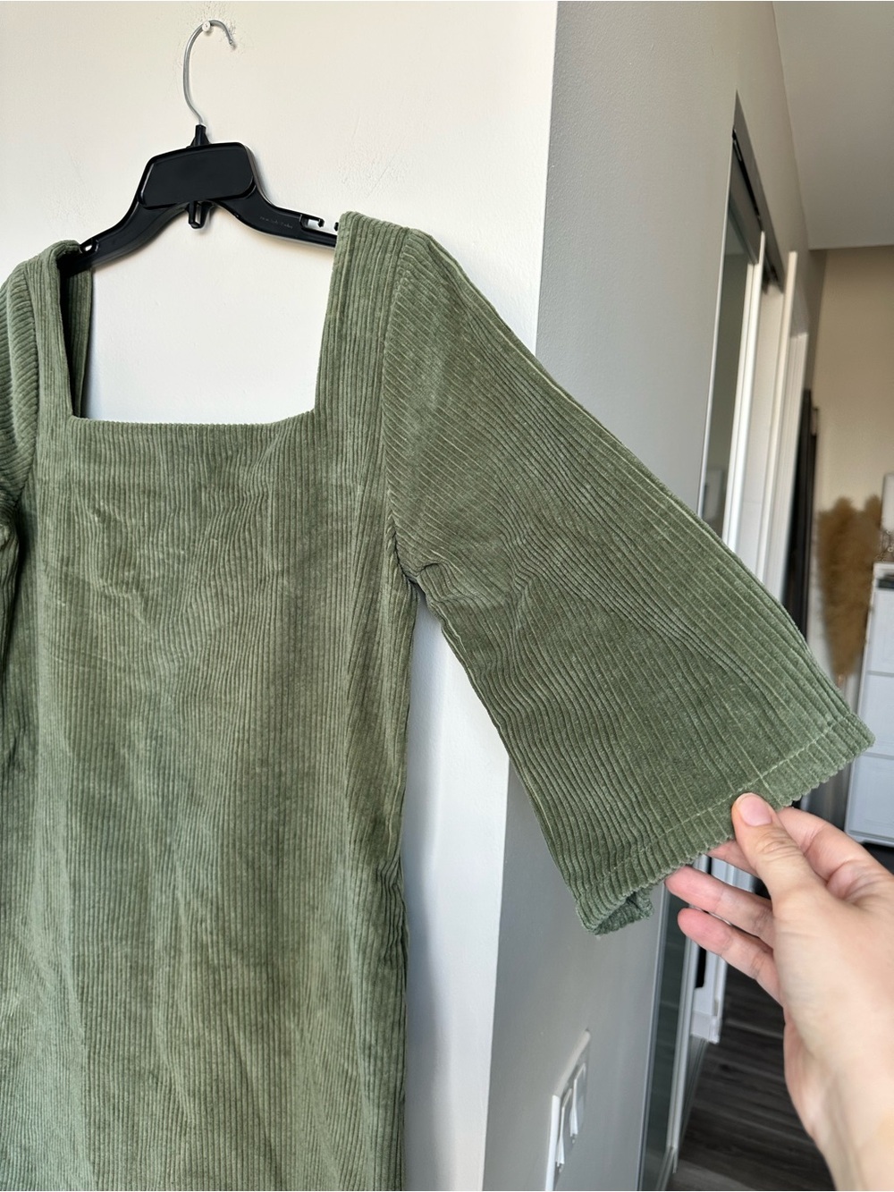 NWT SeamsFriendly Sage Green Square-Neck Cotton Mini Shift Dress Corduroy Sz 38R - Picture 7 of 14